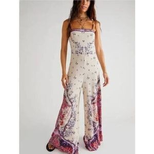 Free People Cream and Purple Floral Jumpsuit